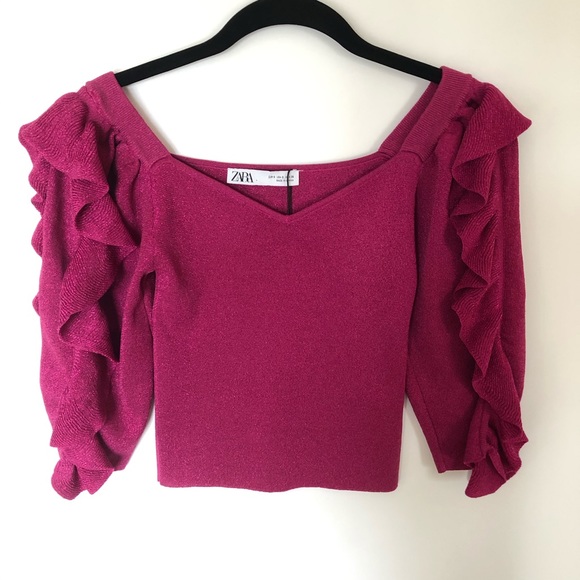 NEW Zara Pink Raspberry Ruffle Puff Sleeve Top - Picture 2 of 10